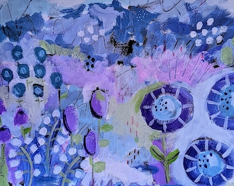 Original abstract art painting, PRINT, mixed media on paper, wall art, abstract flowers, floral art, blue purple