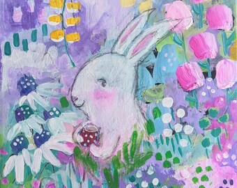 Bun With Coffee, mixed media PRINT, bunny art, white rabbit, wall art, abstract floral, coffee shop art