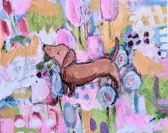 Dachshund mixed media PRINT, brown doxie dog, wall art, abstract floral