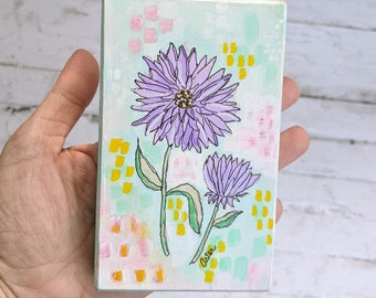 Original botanical illustration painting purple Aster mini block art shelf sitter September birthday flower gift