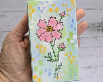 Original botanical illustration painting pink Cosmos mini block art shelf sitter October birthday flower gift