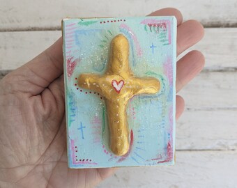 Mini cross block art, Easter art, clay cross, tiered tray decor, Easter tray, shelf filler