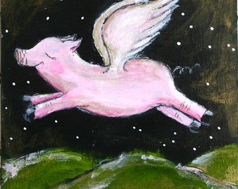 Flying Pig night sky mixed media painting PRINT 8"x8"