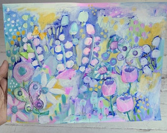 Original abstract art painting, mixed media on paper, wall art, abstract flowers, floral art, butterfly collage art