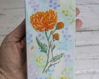 Original botanical illustration painting chrysanthemum mini block art shelf sitter November birthday flower gift