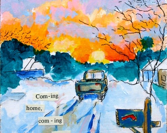 Coming Home 8"x8" PRINT of my original mixed media sunset snow street scene painting Raleigh North Carolina art