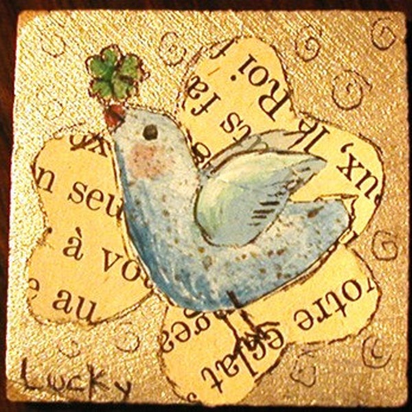 Lucky Bluebird collage Magnet mixed media