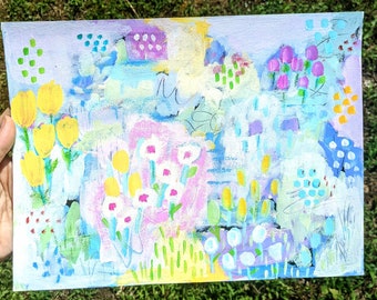 Original abstract art painting, mixed media on paper, wall art, abstract flowers, floral art, pastel pink, yellow, blue