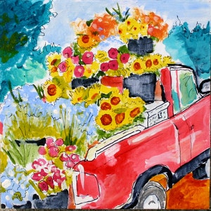 Red Farm Truck and Flowers wall art kitchen art painting PRINT 8&quot;x8&quot; sunflowers