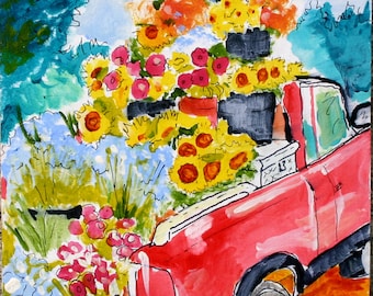 Red Truck and Flowers wall art kitchen farm art painting PRINT 5x5 sunflowers