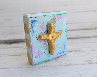 Mini cross block art, Easter art, clay cross, tiered tray decor, Easter tray, shelf filler