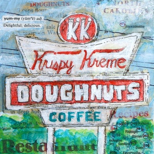 Delightful, Delicious 8&quot;x8&quot; PRINT mixed media Krispy Kreme painting restaurant sign kitchen art doughnut