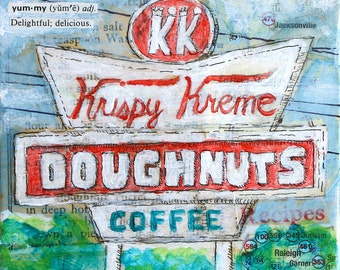 Delightful, Delicious 8"x8" PRINT mixed media Krispy Kreme painting restaurant sign kitchen art doughnut