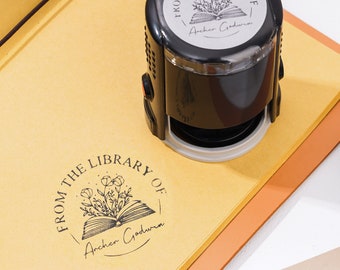 Personalisierter selbstfärbender Stempel aus der Bibliothek von Stempel, benutzerdefinierte Bibliotheksbuchstempel, Buchblumenstempel, Buchstempelpräger, Geschenk für Buchliebhaber