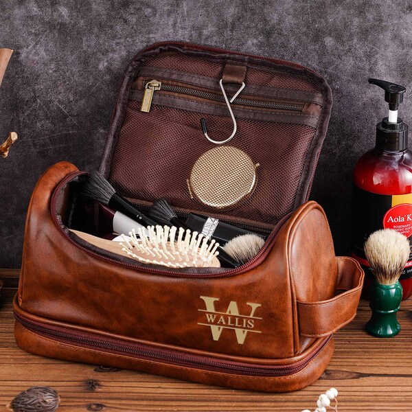 Trousse de toilette en cuir personnalisée pour homme, trousse Dopp gravée, cadeaux de garçons d'honneur, cadeau d'anniversaire pour lui, trousse de toilette de voyage, accessoire en cuir pour homme