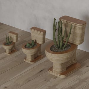May include: Three wooden toilet-shaped planters of varying sizes, each holding a different type of cactus. The planters are made of layered wood with a light brown finish, and sit on a wooden floor.