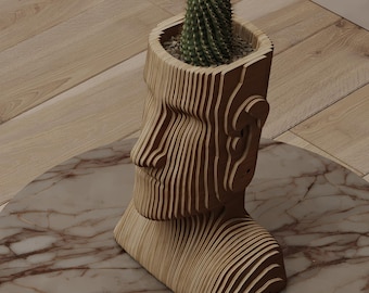 Maceta Moai Guardian de madera pintada a mano – Decoración de la Isla de Pascua