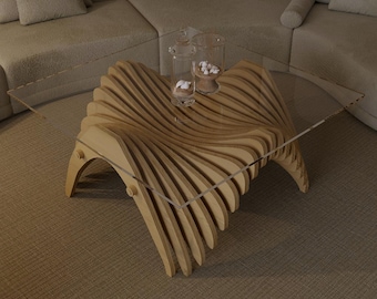 Mesa de centro paramétrica de madera / Mesa auxiliar moderna con tapa de cristal