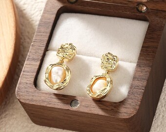 Baroque Pearl Drop Earrings: 14K Gold Dangle, Sterling Silver Pin