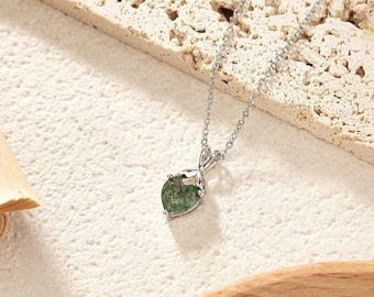 Moss Agate Heart Necklace | Green Crystal Pendant Necklace | Sterling Silver Gemstone Jewelry | Heart Shaped Moss Agate | Best Friend Gift
