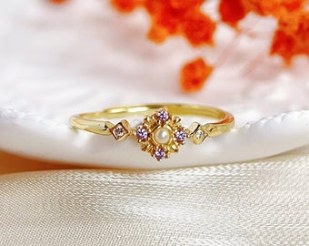 Vintage Tanzanite Pearl Thin Ring in 14K Gold - Dainty Engagement Ring - December Birthstone Ring - Pearl Ring - Anniversary Gift for Her
