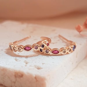 Rainbow Gemstone Hoop Earrings in Gold | Colorful Multi-Stone Earrings | C-Shaped Earrings | Huggie Hoops | Unique Jewelry | Gift for Her