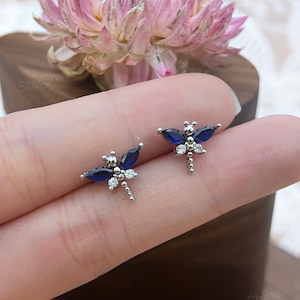 Dainty Dragonfly Sapphire Stud Earrings in s925 Sterling Silver, Cute Fun Animal Earrings for Kids, Animal Jewelry, Perfect Gift for Her