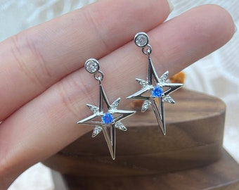 Starburst Star Drop Earrings with Blue CZ, Star Earrings, Minimalist Earrings for Women, North Star Earring, Celestial Jewelry, Gift for Her