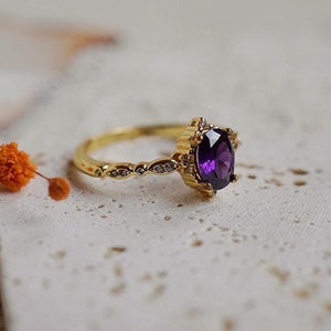 Amethyst Ring in 14K Gold Plated – Dainty Purple Gemstone Promise Ring for Her | February Birthstone | Engagement Anniversary Gift for Women