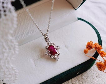Vintage Ruby Drop Necklace in 14K Gold - Necklace with Ruby Pendant - S925 Sterling Silver - Dainty Bridal Necklace - Wedding Gift for Her