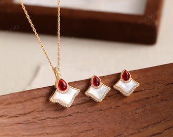 Ginkgo Leaf Jewelry Set | Red Agate & Mother of Pearl Necklace Earrings | Charm Pendant in Gold | Elegant Gift for Her | Statement Jewelry