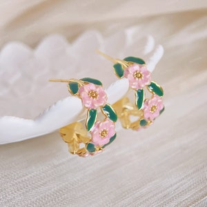 Delicate Enamel Floral Hoop Earrings - Bridesmaid Earrings - Best Friend Gifts - Botanical Flower Earrings - Wedding Earrings - Gift for her