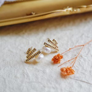 Unique Freshwater Pearl Stud Earrings - Irregular Geometric Design - Modern Minimalist Pearl Jewelry - Statement Earrings for Women