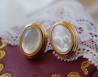 Vintage-Inspired Mother of Pearl Earrings - Bold Gold Oval Pearl Earrings - Classic White Shell Earrings - Bridal Earrings - Chunky Earrings
