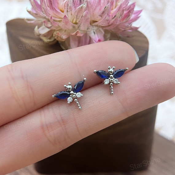 Dainty Dragonfly Sapphire Stud Earrings in s925 Sterling Silver, Cute Fun Animal Earrings for Kids, Animal Jewelry, Perfect Gift for Her