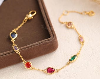 Pulsera de piedras preciosas delicadas en oro / Pulsera de cadena de cristales de colores / Joyería arcoíris / Regalo para ella / Pulsera minimalista apilable con dijes