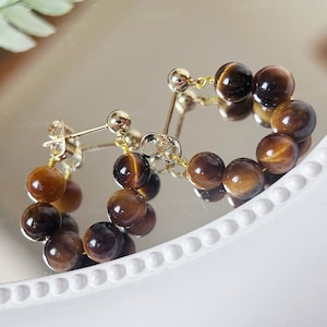 6mm Tiger's Eye Hoop Earrings, Beaded Hoop Earrings, Handmade Jewelry, Perfect Gift for Mom, Natural Tiger's Eye Stone Earring, Gift for Her