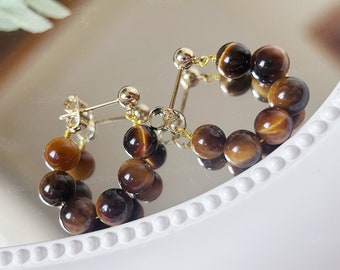 Orecchini a cerchio in occhio di tigre da 6 mm, orecchini a cerchio con perline, gioielli fatti a mano, regalo perfetto per la mamma, orecchini con pietra naturale in occhio di tigre, regalo per lei