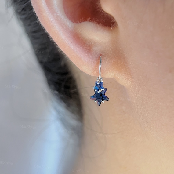 Dainty Blue Sapphire Hoop Earrings in s925 Sterling Silver, Star Cut Gemstones Earrings, Birthstone Earrings, Gift for Her, Birthday gift