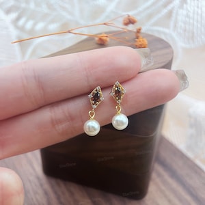 Dainty Garnet Dangle Stud Earrings with Pearl - Natural Garnet Gemstone Earrings in 14k Gold - 6mm Pearl Earrings - Anniversary Gift for Her