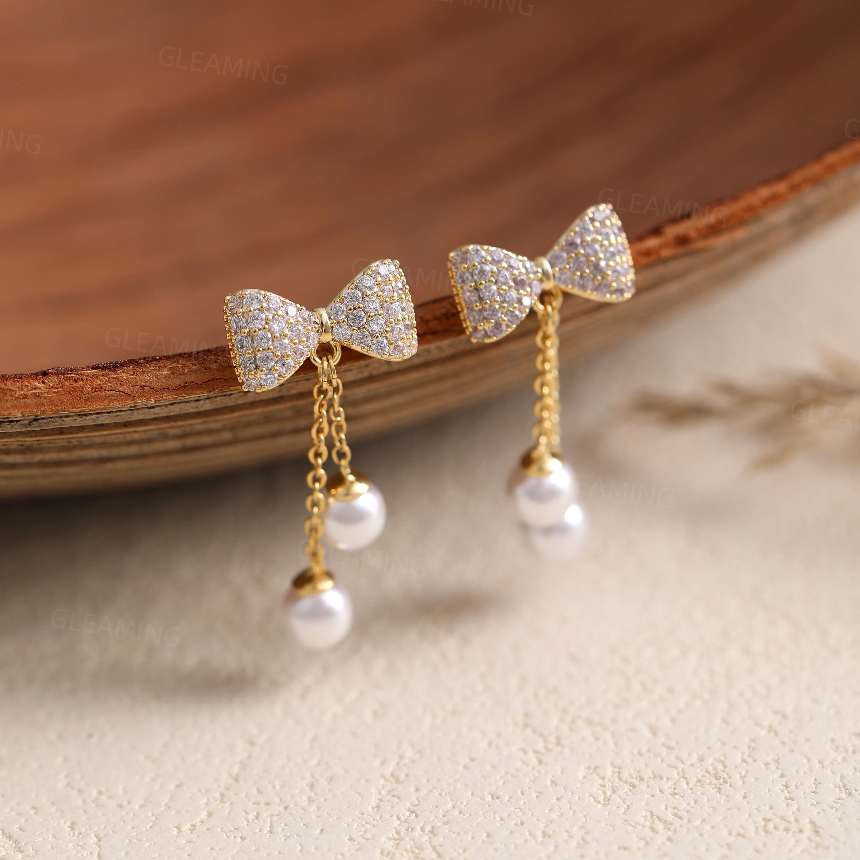 Dainty Bow Pearl Drop Earrings | Elegant Wedding Jewelry for Women | Bridesmaid Earrings