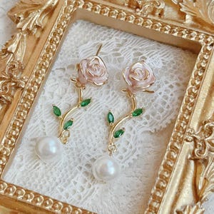 Dainty Rose Pearl Dangle Earrings - Pink Rose Dangle Earrings with Leaf - Botanical Floral Jewelry - Bridal Earrings - Best friend's Gift