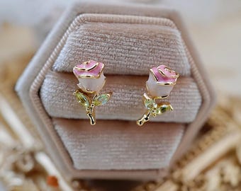 Delicate Pink Rose Stud Earrings - Tiny Enamel Flower Earrings - Botanical Floral Jewelry - Cute Floral Studs for Women - Best friend's Gift