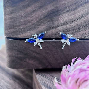 May include: A pair of silver dragonfly earrings with blue and clear crystal accents.