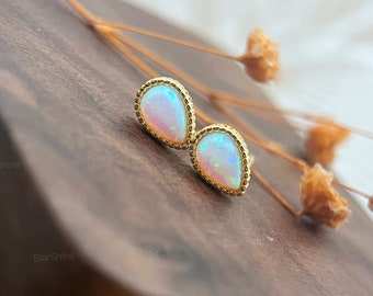 Dainty Opal Droplet Stud Earrings in 14K Gold, Tiny Teardrop Opal Earrings, Pear Cut Opal Earrings, Minimalist Earring, Perfect Gift for Her