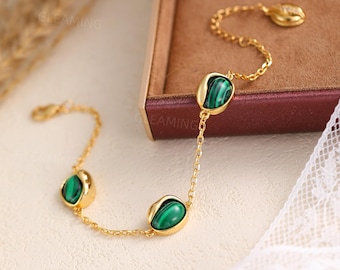 Malachite Chain Stacking Bracelet | 18K Gold Plated Green Gemstone Jewelry