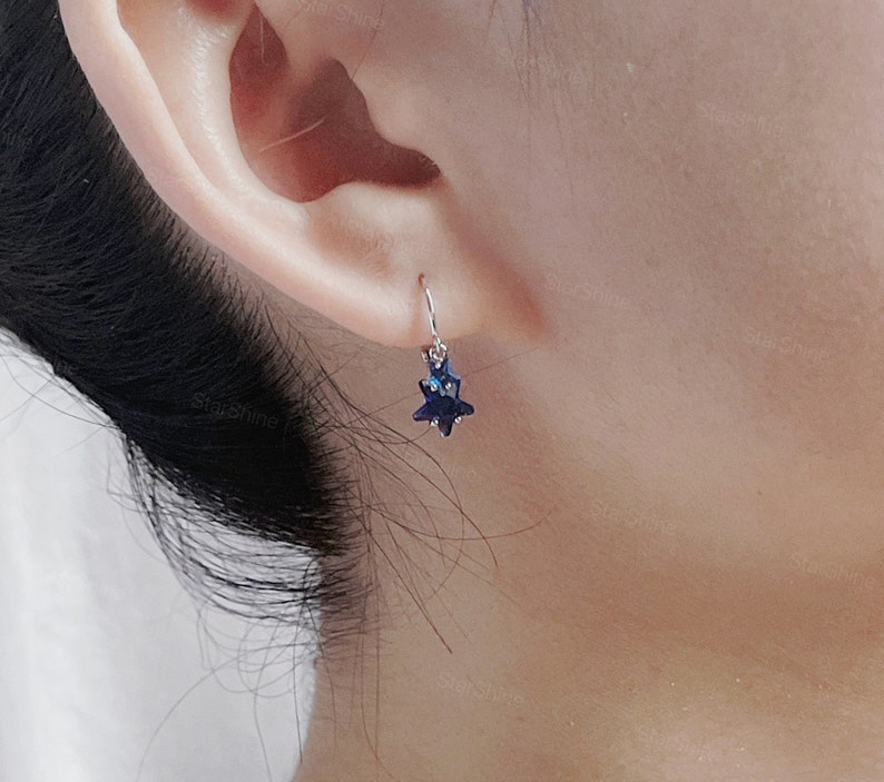 May include: A pair of silver star-shaped earrings with a dark blue crystal center. The earrings are dangling from a silver hook.
