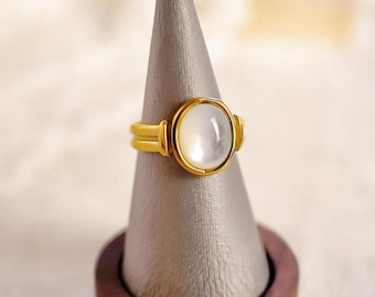 Oval pärlemorring | Förgylld vattentät ring | Minimalistisk stapelbar ring för kvinnor | Smycken i vintagestil | Present till mamma och fru