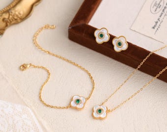 Elegant Clover Mother of Pearl Necklace Bracelet Earrings | Lucky Charm Jewelry for Everyday Wear