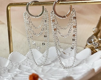 Simple Chain Hoop Earrings in Shiny Silver - Double Chain Stackable Tassel Earrings - Minimalism Earrings - Handmade Jewelry - Gift for Her